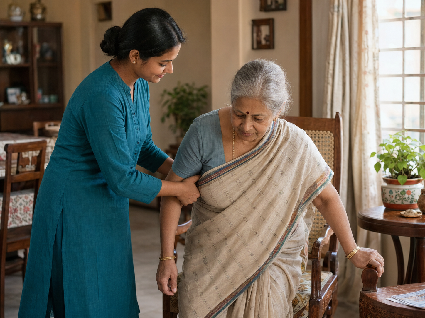 A caregiver helping an older woman comfortably at home